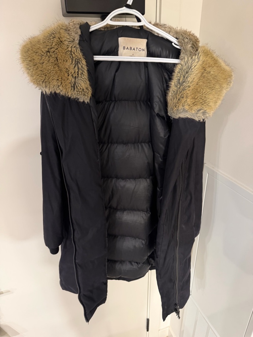 Babaton Black Gilligan Parka with Tan Faux-Fur Trimmed Hood